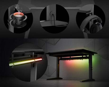 GENESIS HOLM MODULAR 140 pisarniška / gaming miza, modularna, robustna konstrukcija, nastavljiva višina, RGB LED osvetlitev, napeljava kablov, 2x držalo, 140x75cm, črna GENESIS HOLM MODULAR 140 pisarniška / gaming miza, modularna, robustna konstrukcija, nastavljiva višina, RGB LED osvetlitev, napeljava kablov, 2x držalo, 140x75cm, črna