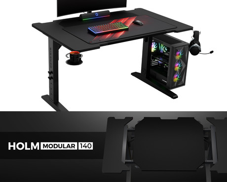GENESIS HOLM MODULAR 140 pisarniška / gaming miza, modularna, robustna konstrukcija, nastavljiva višina, RGB LED osvetlitev, napeljava kablov, 2x držalo, 140x75cm, črna GENESIS HOLM MODULAR 140 pisarniška / gaming miza, modularna, robustna konstrukcija, nastavljiva višina, RGB LED osvetlitev, napeljava kablov, 2x držalo, 140x75cm, črna