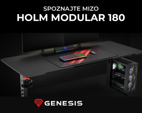 GENESIS HOLM MODULAR 180 pisarniška / gaming miza, modularna, robustna konstrukcija, nastavljiva višina, RGB LED osvetlitev, napeljava kablov, 2x držalo, 180x75cm, črna GENESIS HOLM MODULAR 180 pisarniška / gaming miza, modularna, robustna konstrukcija, nastavljiva višina, RGB LED osvetlitev, napeljava kablov, 2x držalo, 180x75cm, črna