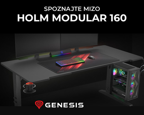 GENESIS HOLM MODULAR 160 pisarniška / gaming miza, modularna, robustna konstrukcija, nastavljiva višina, RGB LED osvetlitev, napeljava kablov, 2x držalo, 160x75cm, črna GENESIS HOLM MODULAR 160 pisarniška / gaming miza, modularna, robustna konstrukcija, nastavljiva višina, RGB LED osvetlitev, napeljava kablov, 2x držalo, 160x75cm, črna