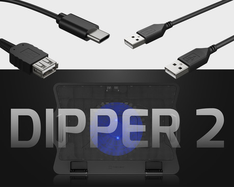 Natec DIPPER 2 hladilno stojalo za prenosnike, do 17.3", 6 stopenj naklona, 180mm ventilator, nastavljiva hitrost, LED osvetlitev, 2x USB Type-A, črno