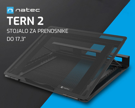 Natec TERN 2 stojalo za prenosnike, do 17.3", 8 stopenj naklona, kovina, organizacija kablov, visokokakovostni materiali, protizdrsni elementi, zložljiva oblika, črno