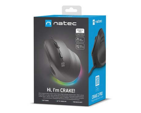 Natec CRAKE 2 PRO vertikalna žična miška, ergonomska, 12800DPI, 6 gumbov, tiha stikala, RGB LED osvetlitev, programska oprema, pomnilnik, 150cm pleteni kabel, za desničarje, črna