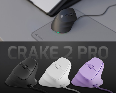Natec CRAKE 2 PRO vertikalna žična miška, ergonomska, 12800DPI, 6 gumbov, tiha stikala, RGB LED osvetlitev, programska oprema, pomnilnik, 150cm pleteni kabel, za desničarje, črna