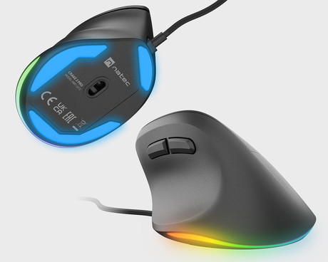 Natec CRAKE 2 PRO vertikalna žična miška, ergonomska, 12800DPI, 6 gumbov, tiha stikala, RGB LED osvetlitev, programska oprema, pomnilnik, 150cm pleteni kabel, za desničarje, črna