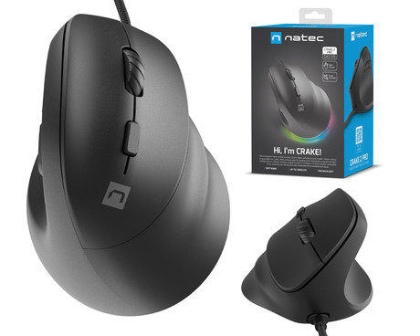Natec CRAKE 2 PRO vertikalna žična miška, ergonomska, 12800DPI, 6 gumbov, tiha stikala, RGB LED osvetlitev, programska oprema, pomnilnik, 150cm pleteni kabel, za desničarje, črna