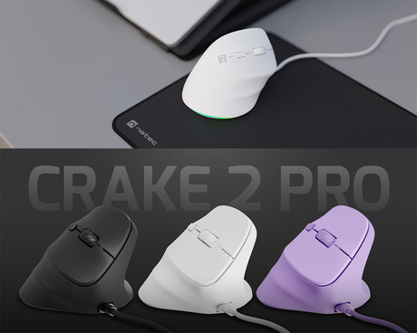 Natec CRAKE 2 PRO vertikalna žična miška, ergonomska, 12800DPI, 6 gumbov, tiha stikala, RGB LED osvetlitev, programska oprema, pomnilnik, 150cm pleteni kabel, za desničarje, bela