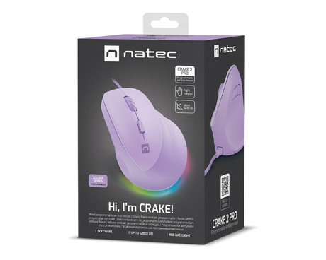 Natec CRAKE 2 PRO vertikalna žična miška, ergonomska, 12800DPI, 6 gumbov, tiha stikala, RGB LED osvetlitev, programska oprema, pomnilnik, 150cm pleteni kabel, za desničarje, vijolična