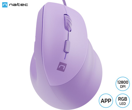 Natec CRAKE 2 PRO vertikalna žična miška, ergonomska, 12800DPI, 6 gumbov, tiha stikala, RGB LED osvetlitev, programska oprema, pomnilnik, 150cm pleteni kabel, za desničarje, vijolična