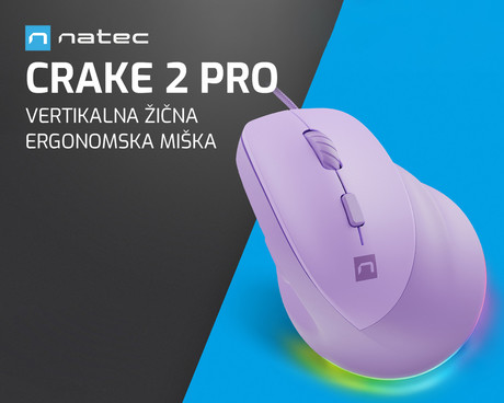 Natec CRAKE 2 PRO vertikalna žična miška, ergonomska, 12800DPI, 6 gumbov, tiha stikala, RGB LED osvetlitev, programska oprema, pomnilnik, 150cm pleteni kabel, za desničarje, vijolična