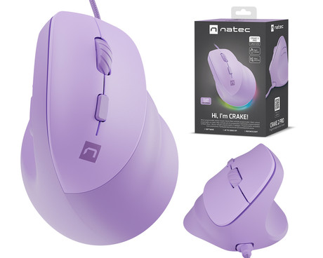 Natec CRAKE 2 PRO vertikalna žična miška, ergonomska, 12800DPI, 6 gumbov, tiha stikala, RGB LED osvetlitev, programska oprema, pomnilnik, 150cm pleteni kabel, za desničarje, vijolična
