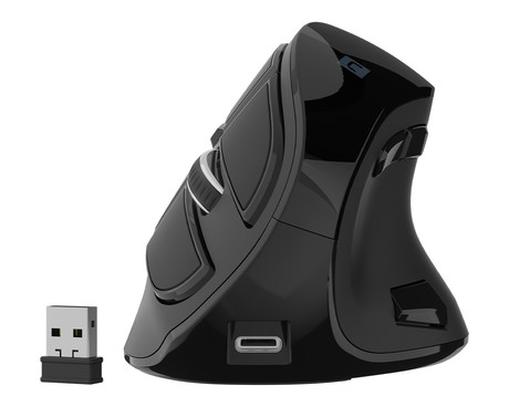 Natec EUPHONIE PRO vertikalna brezžična miška, ergonomska, Bluetooth / USB 2.4GHz, 4000DPI, 9 gumbov, tiha stikala, polnilna baterija, senzor Blue Sense, OLED zaslon, pomnilnik, USB Type-C, črna
