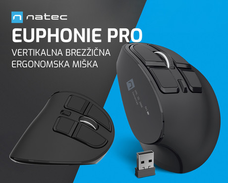 Natec EUPHONIE PRO vertikalna brezžična miška, ergonomska, Bluetooth / USB 2.4GHz, 4000DPI, 9 gumbov, tiha stikala, polnilna baterija, senzor Blue Sense, OLED zaslon, pomnilnik, USB Type-C, črna