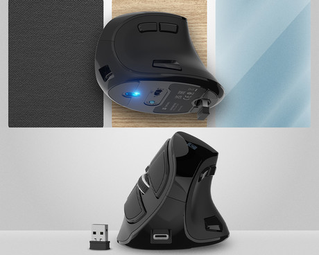 Natec EUPHONIE PRO vertikalna brezžična miška, ergonomska, Bluetooth / USB 2.4GHz, 4000DPI, 9 gumbov, tiha stikala, polnilna baterija, senzor Blue Sense, OLED zaslon, pomnilnik, USB Type-C, črna