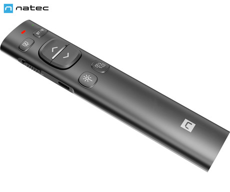 Natec WARBLER 2 brezžični laserski kazalnik, 8 gumbov, polnilna baterija, 2.4GHz sprejemnik / Bluetooth povezovanje, doseg do 10m, USB Type-C, siv