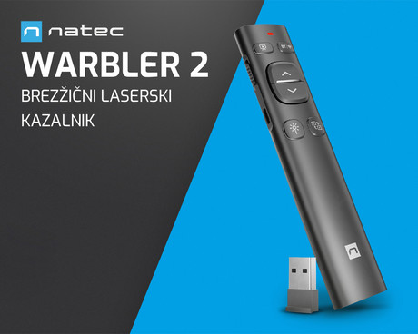 Natec WARBLER 2 brezžični laserski kazalnik, 8 gumbov, polnilna baterija, 2.4GHz sprejemnik / Bluetooth povezovanje, doseg do 10m, USB Type-C, siv