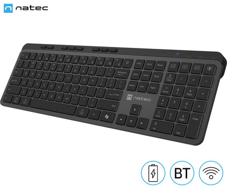 Natec MEDUSA brezžična tipkovnica, profesionalna, Bluetooth / USB 2.4GHz, X-SCISSORS tiha stikala, polnilna baterija, 21 multimedijskih tipk, Windows / Android / Linux / MacOS, USB Type-C, črna