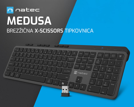 Natec MEDUSA brezžična tipkovnica, profesionalna, Bluetooth / USB 2.4GHz, X-SCISSORS tiha stikala, polnilna baterija, 21 multimedijskih tipk, Windows / Android / Linux / MacOS, USB Type-C, črna