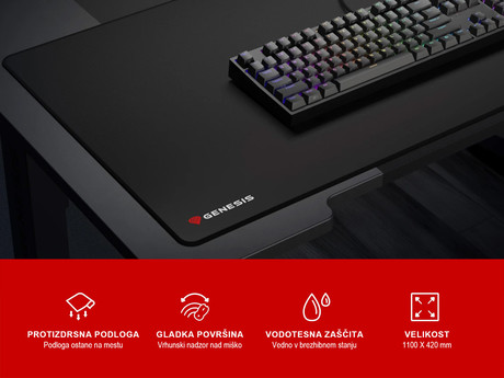 GENESIS CARBON 500 ULTRA LOGO podloga za miško, gaming / pisarniška, 1100x450mm, vodoodporna, gladka površina, zaščiteni prešiti robovi, protizdrsna, črna