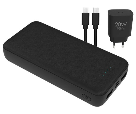 Platinet PMPB20SET 3v1 komplet powerbank polnilna baterija, +adapter 20W, +kabel 100cm, 20.000mAh, Power Delivery, 2x USB Type-A, 1x USB Type-C, 1x microUSB, LED indikatorji, črn