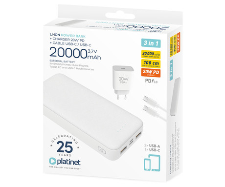 Platinet PMPB20SET 3v1 komplet powerbank polnilna baterija, +adapter 20W, +kabel 100cm,, 20.000mAh, Power Delivery, 2x USB Type-A, 1x USB Type-C, 1x microUSB, LED indikatorji, bel