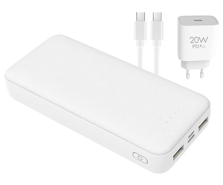 Platinet PMPB20SET 3v1 komplet powerbank polnilna baterija, +adapter 20W, +kabel 100cm,, 20.000mAh, Power Delivery, 2x USB Type-A, 1x USB Type-C, 1x microUSB, LED indikatorji, bel