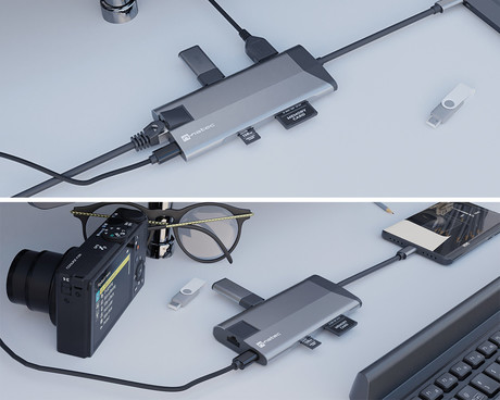 Natec FOWLER PLUS adapter USB hub, 3x USB-A 3.0, 1x HDMI, 1x Ethernet RJ-45, 1x USB-C, 1x SD/microSD, max 4K UHD, 5 GB/s, Plug&Play, Power Delivery 3.0, 100W, siv