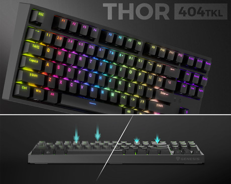 GENESIS THOR 404 TKL gaming tipkovnica, mehanska, RGB LED osvetlitev, tehnologija Hot-Swap, funkcija N-Key Rollover, programska oprema, vgrajen pomnilnik, F1-F12, črna