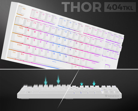 GENESIS THOR 404 TKL gaming tipkovnica, mehanska, RGB LED osvetlitev, tehnologija Hot-Swap, funkcija N-Key Rollover, programska oprema, vgrajen pomnilnik, F1-F12, bela