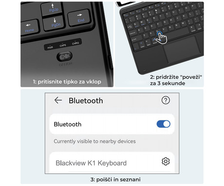 Blackview K2 brezžična tipkovnica, Bluetooth 5.1, polnilna baterija, Android / iOS / Windows, 78 tipk, USB Type-C, črna