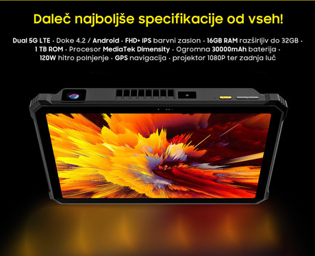 Blackview ACTIVE 12 PRO robusten tablični računalnik / projektor, 11", 3v1 AI, 5G LTE, 16GB+1TB, IPS FHD+, Android, 30000mAh, WIFI 6E, Bluetooth 5.4, Dual SIM, GPS, NFC, stereo zvočniki, +dodatki, črn