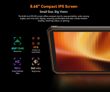 Blackview ACTIVE 5 robusten tablični računalnik, 8.68", 3v1 AI, 4G LTE, 8GB+128GB, IPS HD+, Android, 6600mAh, WIFI 5, Bluetooth, Dual SIM, GPS, stereo zvočniki, +dodatki, črn (Onyx Black)