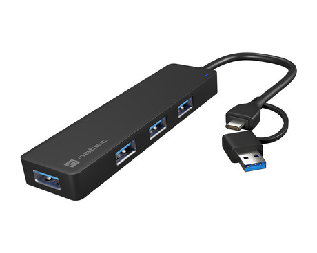 Natec MAYFLY adapter USB hub, 4x USB-A 3.0, USB-C ali USB-A konektor, 5 GB/s, Plug&Play, črn
