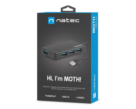 Natec MOTH adapter USB hub, 4x USB-A 3.0, 5GB/s, Plug&Play, črn