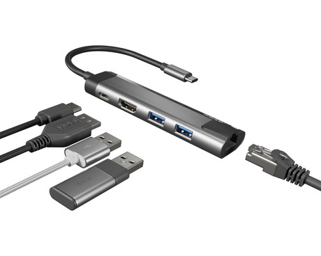 Natec FOWLER GO adapter USB hub, 2x USB-A 3.0, 1x HDMI, 1x Ethernet RJ-45, 1x USB-C, max 4K UHD, 5 GB/s, Plug&Play, Power Delivery 3.0, 100W, siv