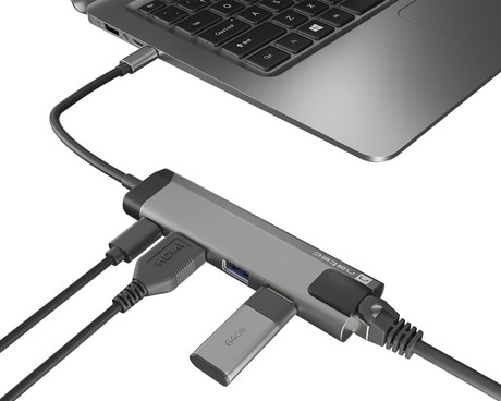 Natec FOWLER GO adapter USB hub, 2x USB-A 3.0, 1x HDMI, 1x Ethernet RJ-45, 1x USB-C, max 4K UHD, 5 GB/s, Plug&Play, Power Delivery 3.0, 100W, siv