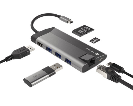 Natec FOWLER PLUS adapter USB hub, 3x USB-A 3.0, 1x HDMI, 1x Ethernet RJ-45, 1x USB-C, 1x SD/microSD, max 4K UHD, 5 GB/s, Plug&Play, Power Delivery 3.0, 100W, siv