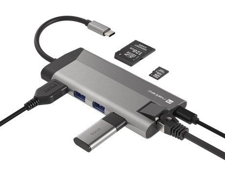 Natec FOWLER PLUS adapter USB hub, 3x USB-A 3.0, 1x HDMI, 1x Ethernet RJ-45, 1x USB-C, 1x SD/microSD, max 4K UHD, 5 GB/s, Plug&Play, Power Delivery 3.0, 100W, siv