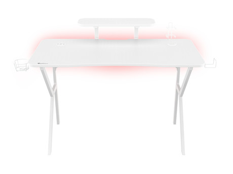 GENESIS HOLM 320 RGB gaming miza, profesionalna, ergonomska, RGB LED osvetlitev, stojalo za monitor, nosilci za pijačo / gamepad / slušalke, 3x USB Type-A vhod, brezžični polnilec, karbon stil, bela