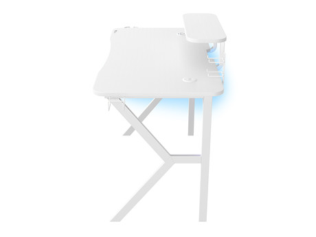 GENESIS HOLM 320 RGB gaming miza, profesionalna, ergonomska, RGB LED osvetlitev, stojalo za monitor, nosilci za pijačo / gamepad / slušalke, 3x USB Type-A vhod, brezžični polnilec, karbon stil, bela