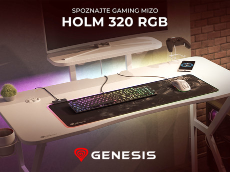 GENESIS HOLM 320 RGB gaming miza, profesionalna, ergonomska, RGB LED osvetlitev, stojalo za monitor, nosilci za pijačo / gamepad / slušalke, 3x USB Type-A vhod, brezžični polnilec, karbon stil, bela