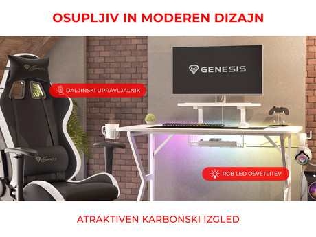 GENESIS HOLM 320 RGB gaming miza, profesionalna, ergonomska, RGB LED osvetlitev, stojalo za monitor, nosilci za pijačo / gamepad / slušalke, 3x USB Type-A vhod, brezžični polnilec, karbon stil, bela