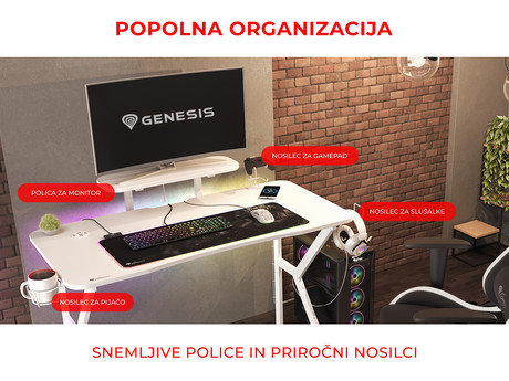 GENESIS HOLM 320 RGB gaming miza, profesionalna, ergonomska, RGB LED osvetlitev, stojalo za monitor, nosilci za pijačo / gamepad / slušalke, 3x USB Type-A vhod, brezžični polnilec, karbon stil, bela
