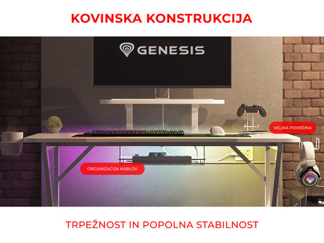 GENESIS HOLM 320 RGB gaming miza, profesionalna, ergonomska, RGB LED osvetlitev, stojalo za monitor, nosilci za pijačo / gamepad / slušalke, 3x USB Type-A vhod, brezžični polnilec, karbon stil, bela