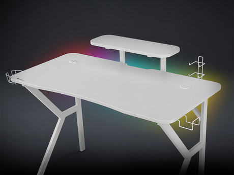 GENESIS HOLM 320 RGB gaming miza, profesionalna, ergonomska, RGB LED osvetlitev, stojalo za monitor, nosilci za pijačo / gamepad / slušalke, 3x USB Type-A vhod, brezžični polnilec, karbon stil, bela