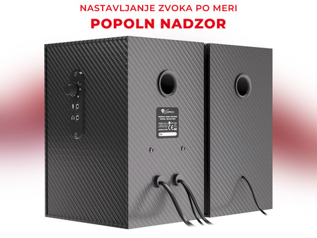 GENESIS HELIUM 200 računalniški zvočniki, STEREO 2.0, 20W RMS, mini jack 3.5mm, kontrolna plošča, nadzor glasnosti, priklop za slušalke, karbonski izgled, leseni, črni