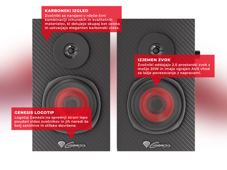 GENESIS HELIUM 200 računalniški zvočniki, STEREO 2.0, 20W RMS, mini jack 3.5mm, kontrolna plošča, nadzor glasnosti, priklop za slušalke, karbonski izgled, leseni, črni