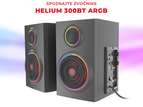 GENESIS HELIUM 300BT RGB računalniški zvočniki, STEREO 2.0, 24W RMS, RGB LED osvetlitev, 3.5mm audio jack, Bluetooth 5.0, gumbi za upravljanje