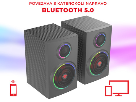 GENESIS HELIUM 300BT RGB računalniški zvočniki, STEREO 2.0, 24W RMS, RGB LED osvetlitev, 3.5mm audio jack, Bluetooth 5.0, gumbi za upravljanje