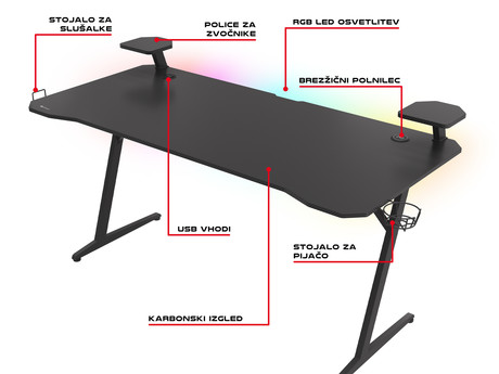 Profesionalna GAMING miza GENESIS HOLM 510 RGB, LED RGB osvetlitev, vgrajen brezžični polnilec in USB 3.0 razdelilec